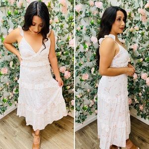 NEW Midi Dress! In a white color with pinkish floral detail! Zip up back. TTS